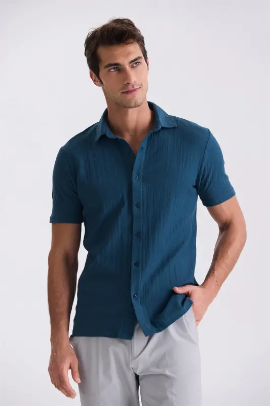 Navy Blue Slim Fit Button Up Collar T-Shirt - JAKAMEN