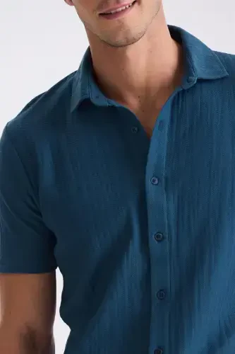 Navy Blue Slim Fit Button Up Collar T-Shirt - 3