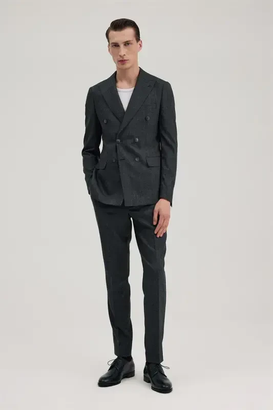 Navy Blue Slim Fit Checkered Double Breasted Suit - 1