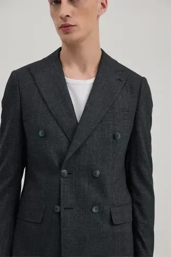 Navy Blue Slim Fit Checkered Double Breasted Suit - 3