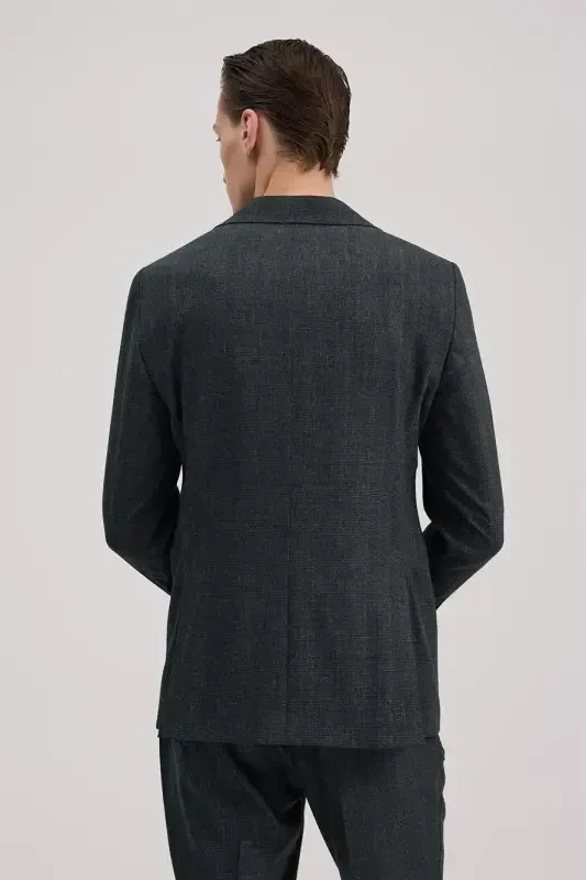 Navy Blue Slim Fit Checkered Double Breasted Suit - 4