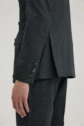 Navy Blue Slim Fit Checkered Double Breasted Suit - 5