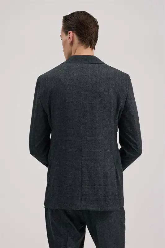 Navy Blue Slim Fit Checkered Double Breasted Suit - 4
