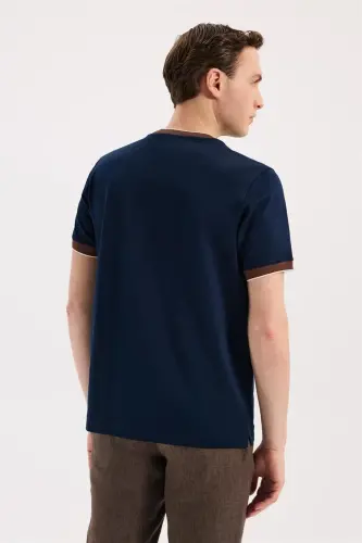 Navy Blue Slim Fit Crew Neck 100% Cotton T-Shirt - 4