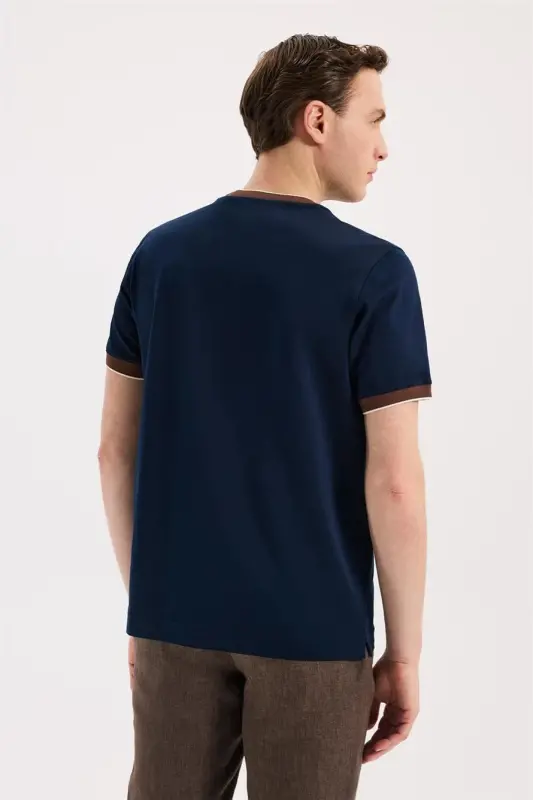 Navy Blue Slim Fit Crew Neck 100% Cotton T-Shirt - 4
