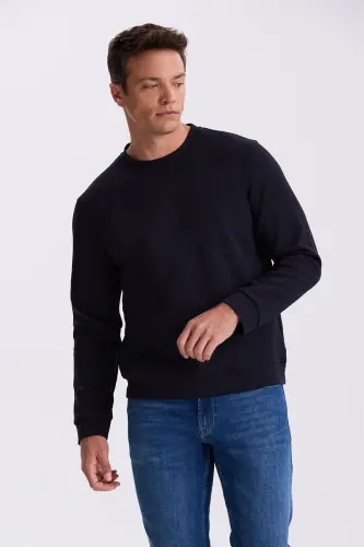 Navy Blue Slim Fit Crew Neck Basic Cotton Lycra Sweatshirt - 1