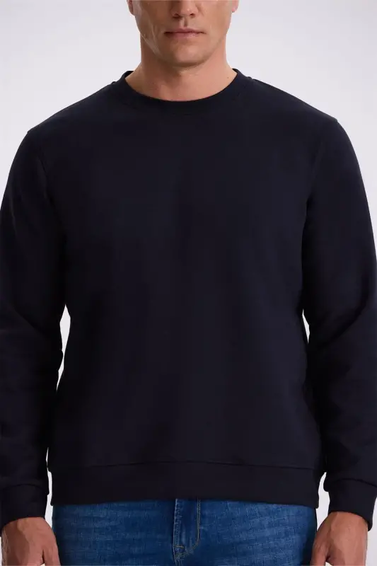 Navy Blue Slim Fit Crew Neck Basic Cotton Lycra Sweatshirt - 3