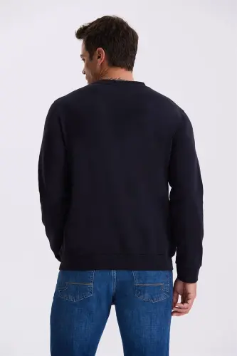 Navy Blue Slim Fit Crew Neck Basic Cotton Lycra Sweatshirt - 4