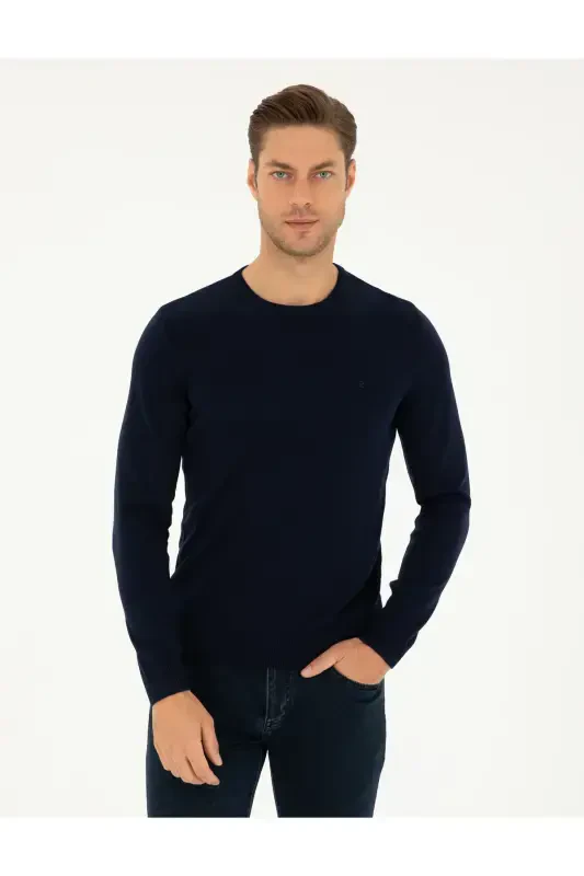 Navy Blue Slim Fit Crew Neck Basic Knit Sweater 50296575-VR033-Navy - PIERRE CARDIN