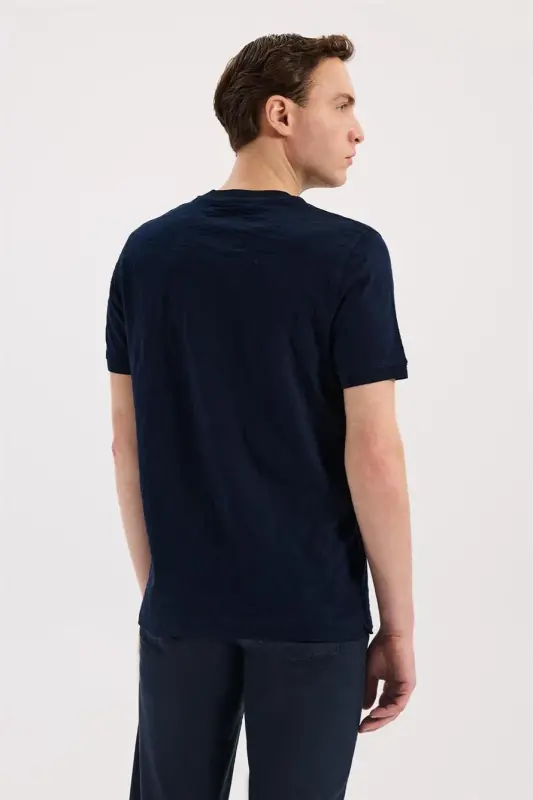 Navy Blue Slim Fit Crew Neck Patterned 100% Cotton T-Shirt - 4