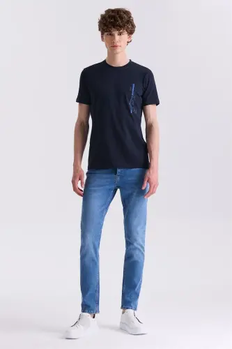 Navy Blue Slim Fit Crew Neck T-Shirt - JAKAMEN (1)