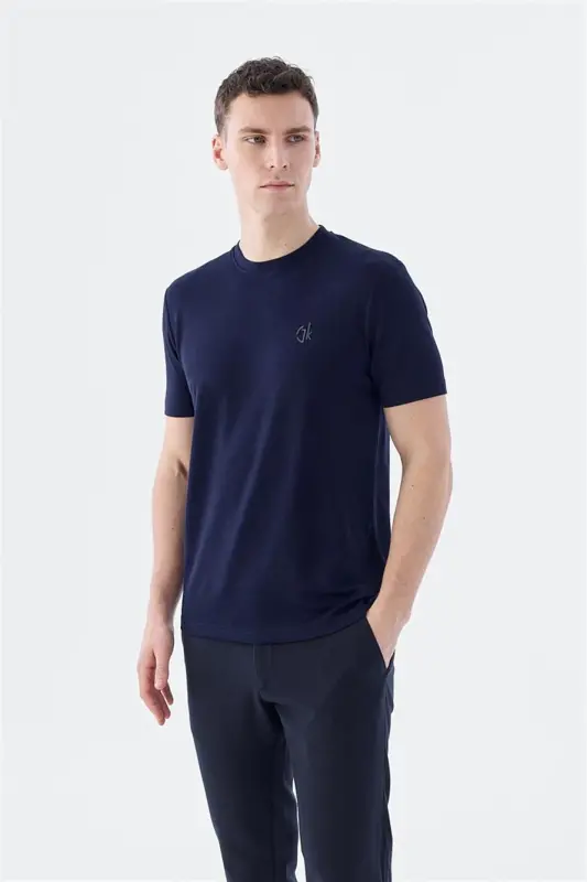 Navy Blue Slim Fit Crew Neck T-Shirt - JAKAMEN