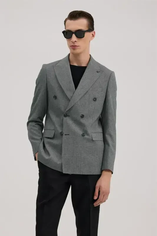 Navy Blue Slim Fit Double-Breasted Suit - JAKAMEN