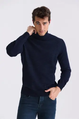 Navy Blue Slim Fit Full Fisherman's Neck Knitted Sweater - 3