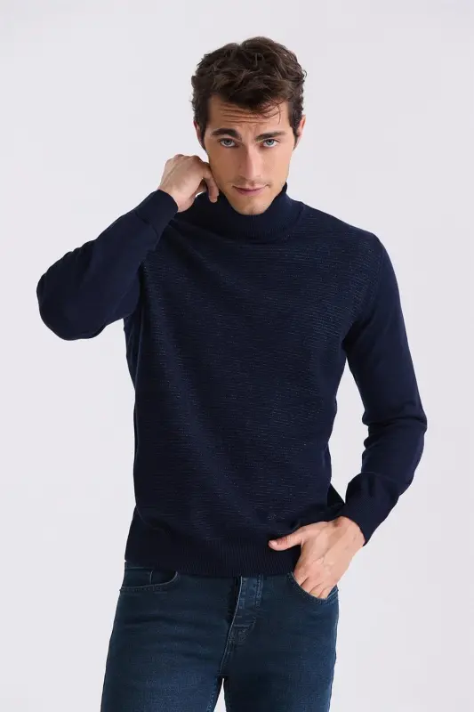 Navy Blue Slim Fit Full Fisherman's Neck Knitted Sweater - 3