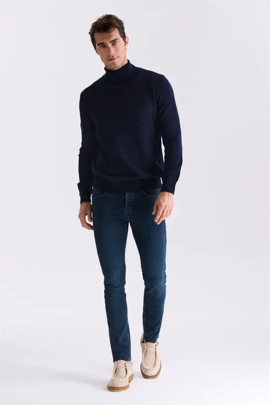 Navy Blue Slim Fit Full Fisherman's Neck Knitted Sweater - 4