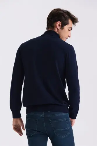 Navy Blue Slim Fit Full Fisherman's Neck Knitted Sweater - JAKAMEN (1)