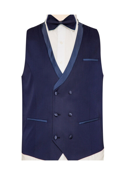 Navy Blue Slim Fit Groom Suit with Vest - SÜVARİ (1)