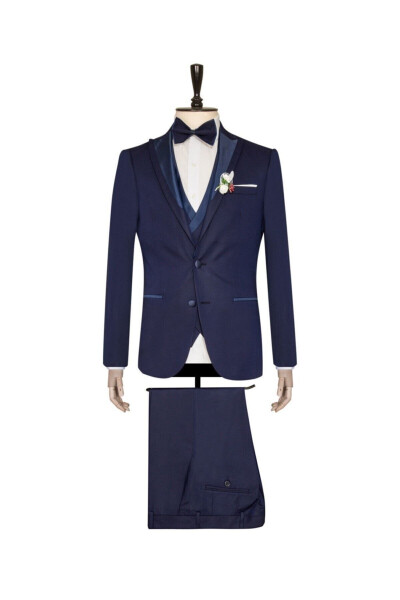 Navy Blue Slim Fit Groom Suit with Vest - 1