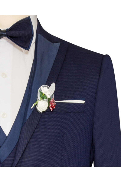 Navy Blue Slim Fit Groom Suit with Vest - 3