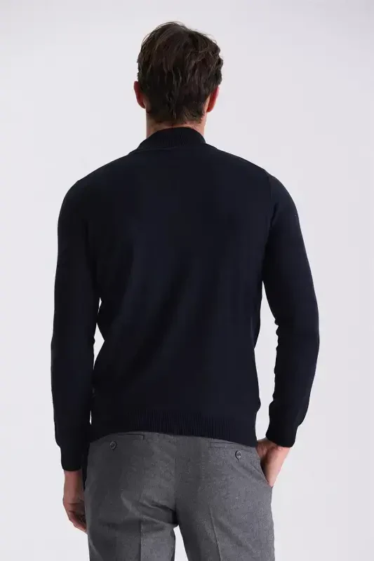 Navy Blue Slim Fit Half Fisherman Pattern Knitted Sweater - 4