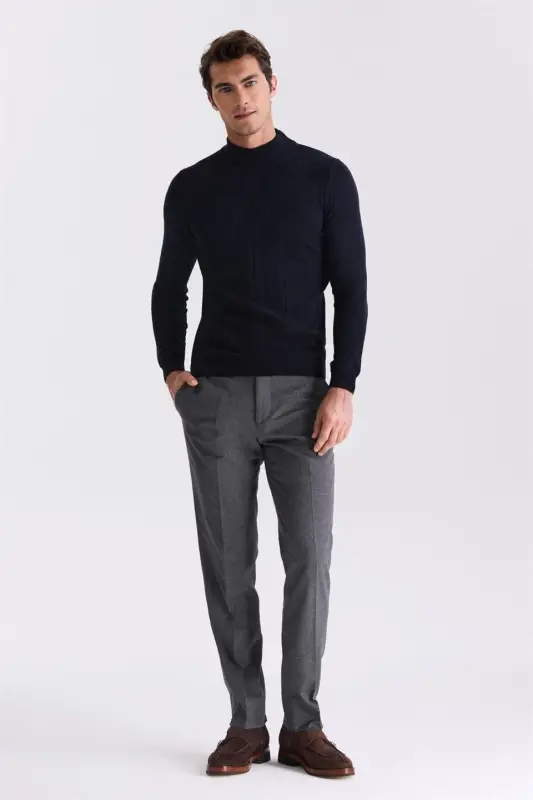Navy Blue Slim Fit Half Fisherman Pattern Knitted Sweater - 2