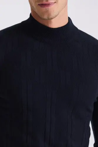 Navy Blue Slim Fit Half Fisherman Pattern Knitted Sweater - 3