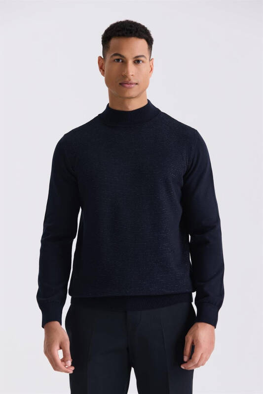 Navy Blue Slim Fit Half Mock Neck Knitted Pullover - 1