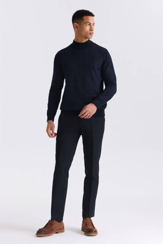 Navy Blue Slim Fit Half Mock Neck Knitted Pullover - 2