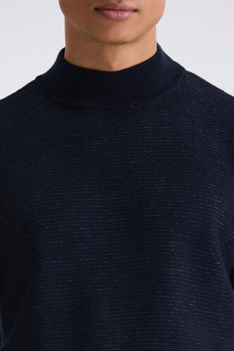 Navy Blue Slim Fit Half Mock Neck Knitted Pullover - 3