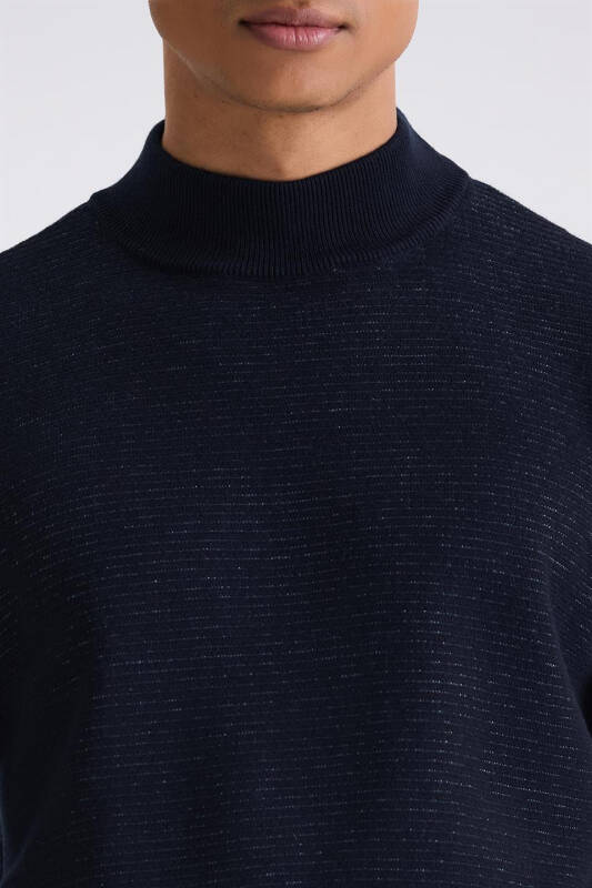 Navy Blue Slim Fit Half Mock Neck Knitted Pullover - 3