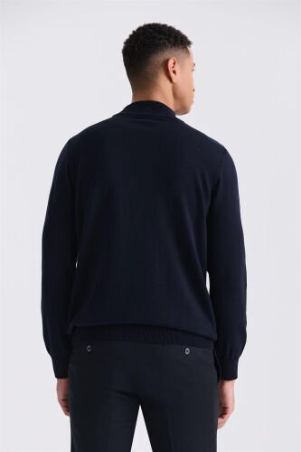 Navy Blue Slim Fit Half Mock Neck Knitted Pullover - 4