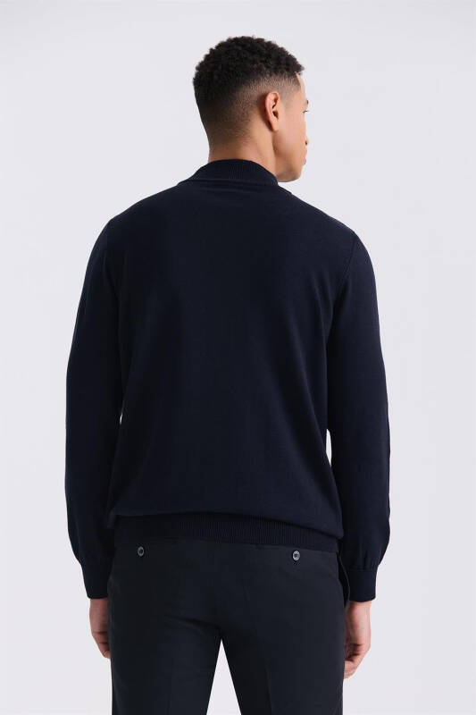 Navy Blue Slim Fit Half Mock Neck Knitted Pullover - 4