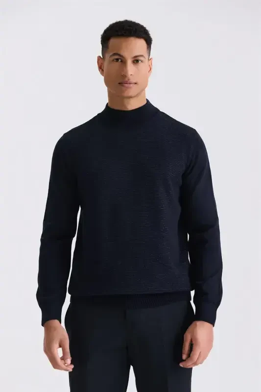 Navy Blue Slim Fit Half Turtleneck Knit Sweater - JAKAMEN