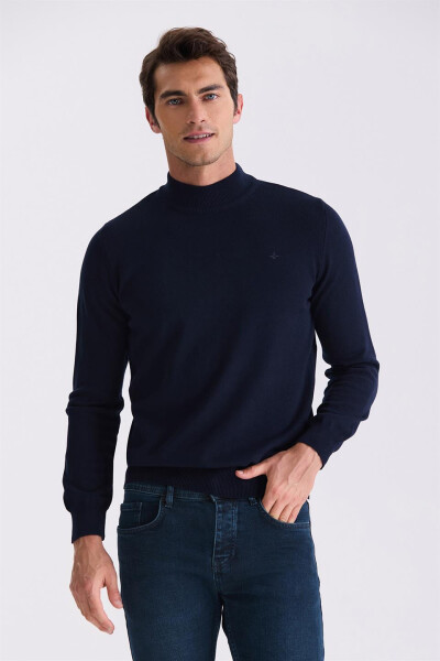 Navy Blue Slim Fit Half Turtleneck Men's Knitwear - 1