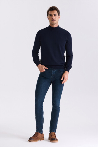 Navy Blue Slim Fit Half Turtleneck Men's Knitwear - 2