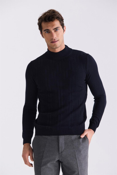 Navy Blue Slim Fit Half Turtleneck Men's Knitwear - 1