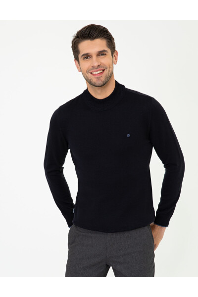 Navy blue slim fit half zip basic knit sweater - 7