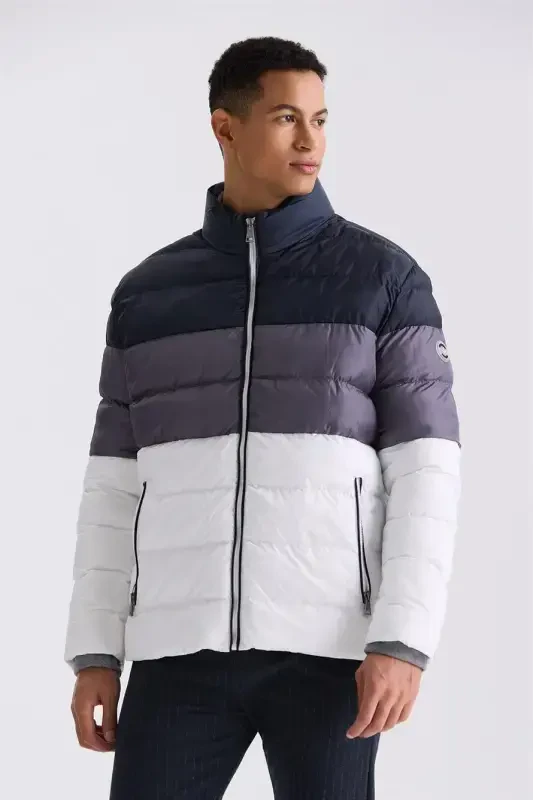 Navy Blue Slim Fit High Neck Winter Puffer Jacket - JAKAMEN