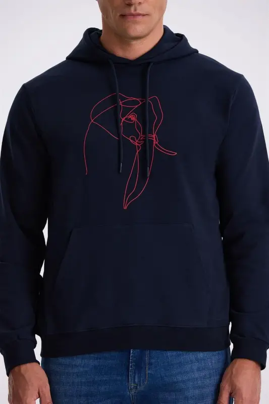 Navy Blue Slim Fit Hooded Printed 100% Cotton Sweatshirt - 3