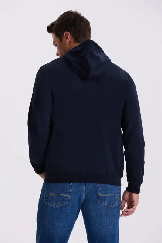Navy Blue Slim Fit Hooded Printed 100% Cotton Sweatshirt - 4