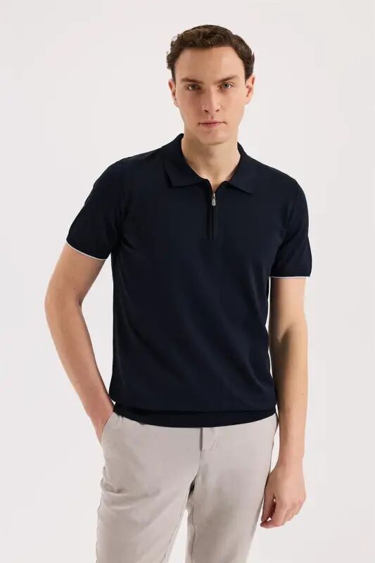 Navy Blue Slim Fit Knitted Zippered Polo Collar T-Shirt - 1