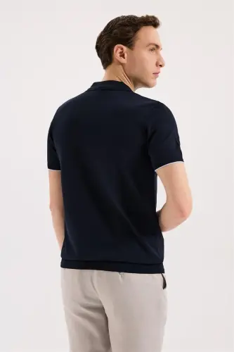 Navy Blue Slim Fit Knitted Zippered Polo Collar T-Shirt - 4