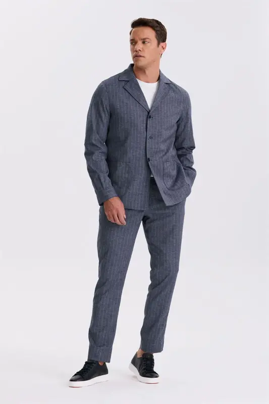 Navy Blue Slim Fit Lapel Collar Linen Blend Double Vented Striped Suit - 1