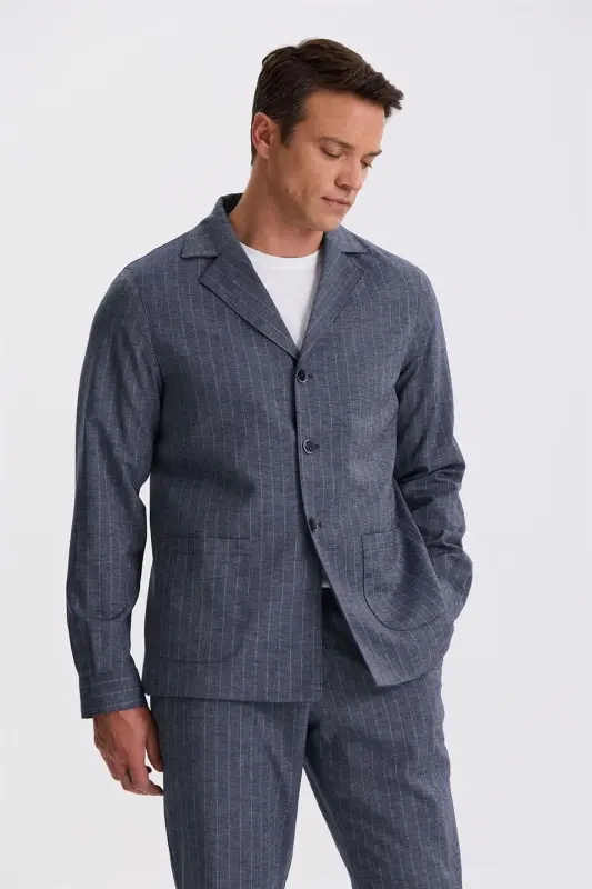 Navy Blue Slim Fit Lapel Collar Linen Blend Double Vented Striped Suit - 2