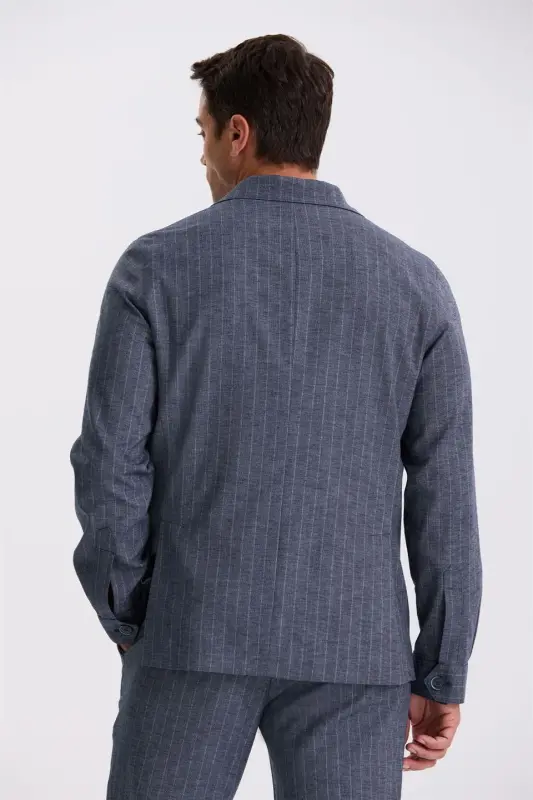 Navy Blue Slim Fit Lapel Collar Linen Blend Double Vented Striped Suit - 4
