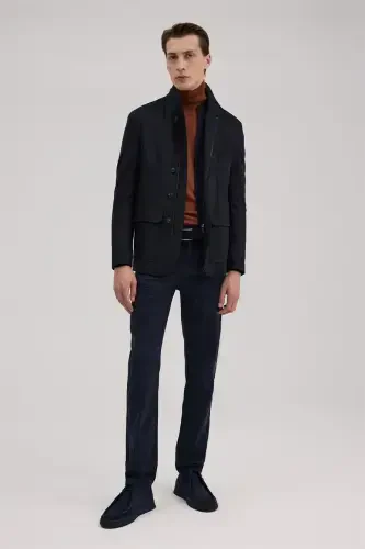 Navy Blue Slim Fit Mandarin Collar Buttoned Jacket - 1