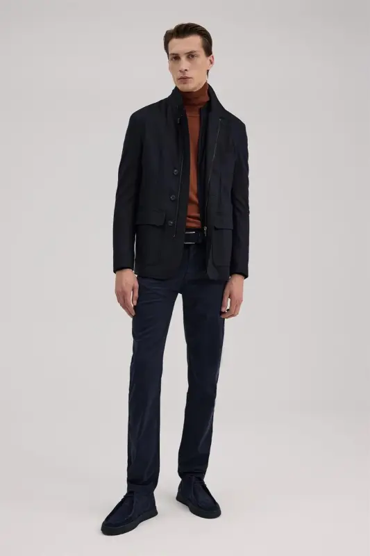 Navy Blue Slim Fit Mandarin Collar Buttoned Jacket - JAKAMEN