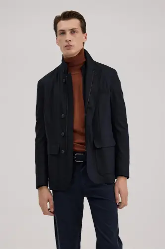 Navy Blue Slim Fit Mandarin Collar Buttoned Jacket - JAKAMEN (1)