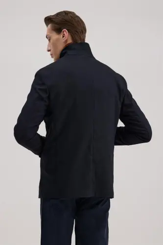 Navy Blue Slim Fit Mandarin Collar Buttoned Jacket - 4